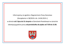 Ikonografika z informacjami o godzinach otwarcia Starostwa Powiatowego w Jarocinie